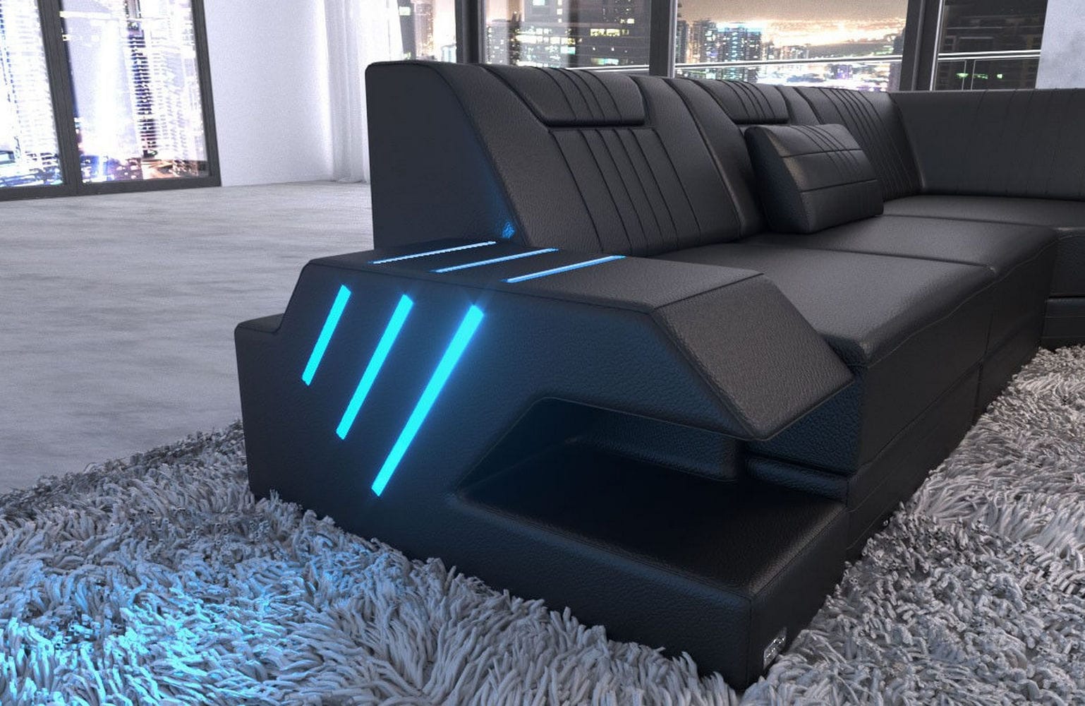 Mega Wohnlandschaft Venedig XXL – Leder Sofa schwarz