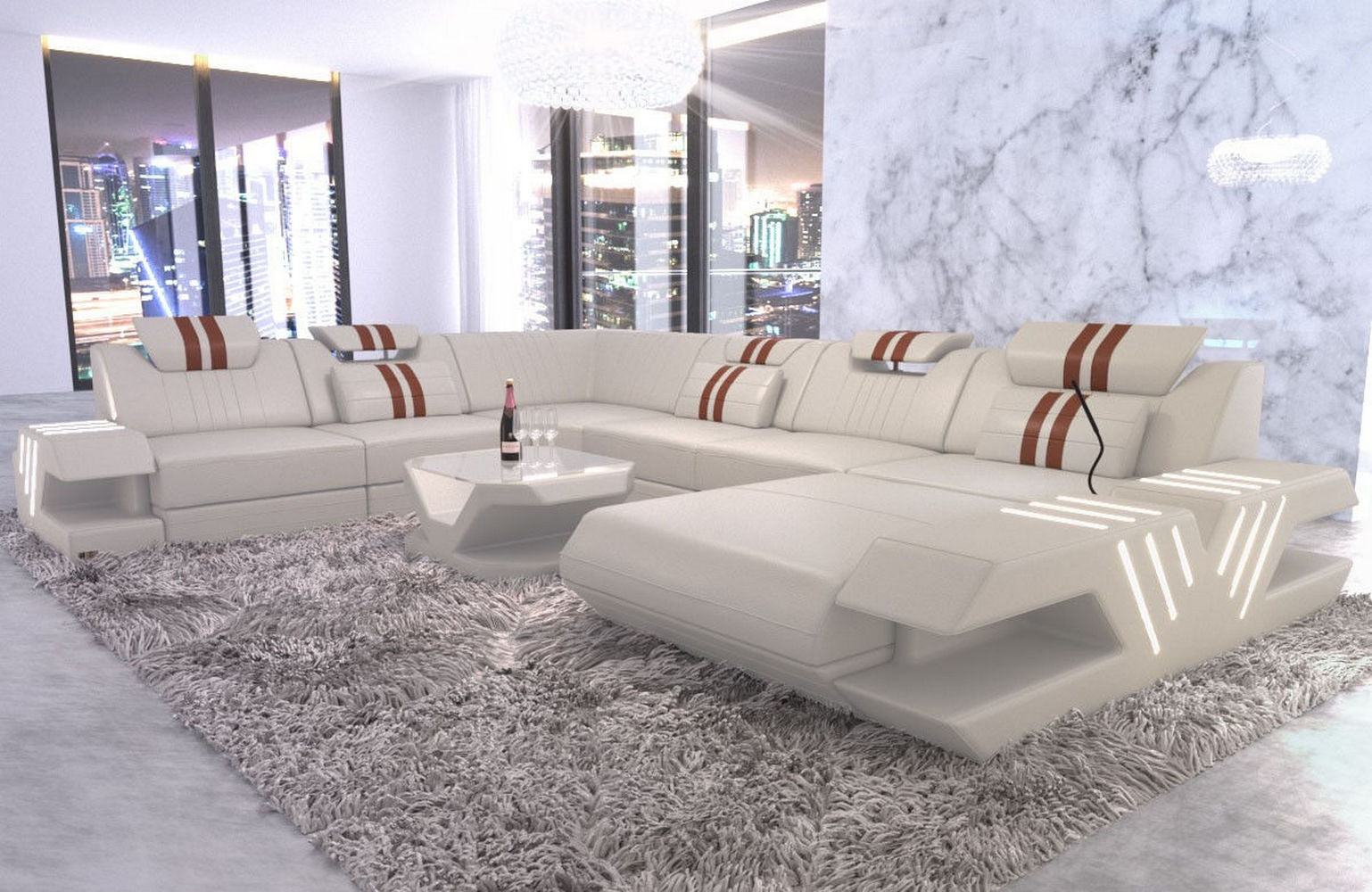 Mega Wohnlandschaft Venedig XXL – Leder Sofa beige-hellbraun