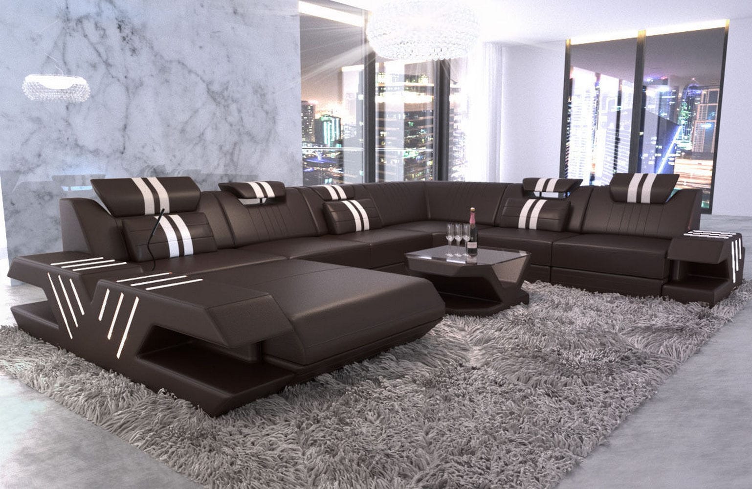 Mega Wohnlandschaft Venedig XXL – Leder Sofa dunkelbraun-weiß