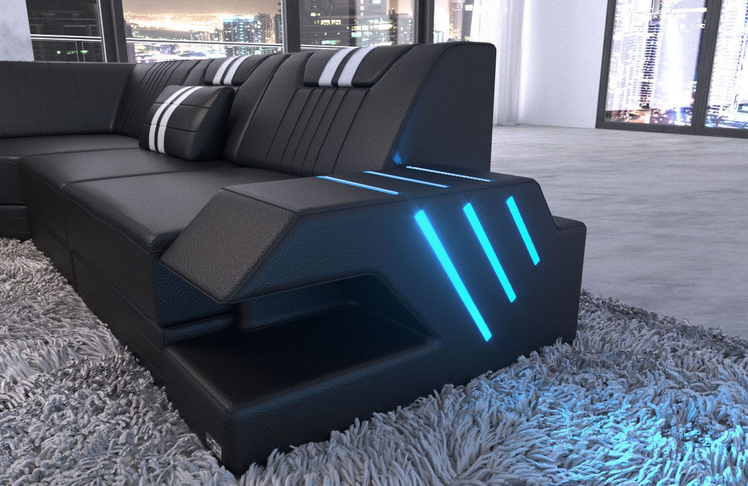 Mega Wohnlandschaft Venedig XXL – Leder Sofa schwarz-weiß