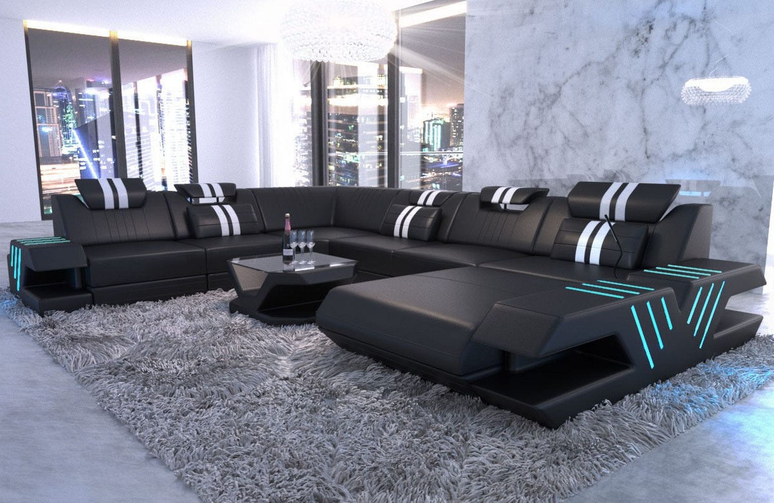 Mega Wohnlandschaft Venedig XXL – Leder Sofa schwarz-weiß