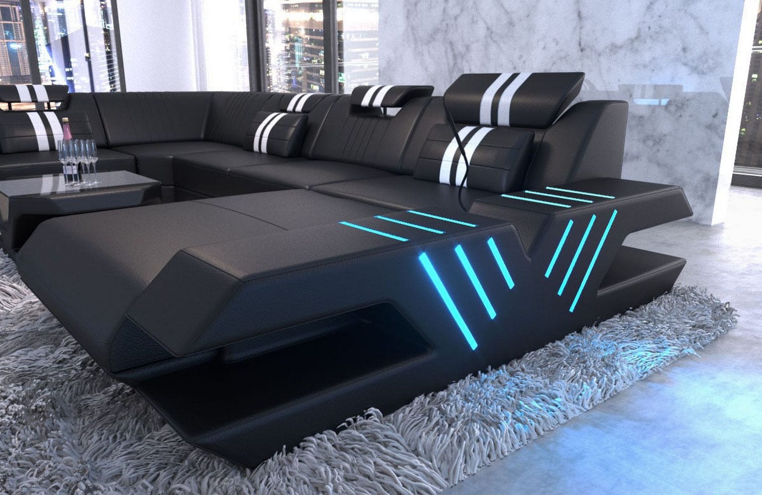 Mega Wohnlandschaft Venedig XXL – Leder Sofa schwarz-weiß