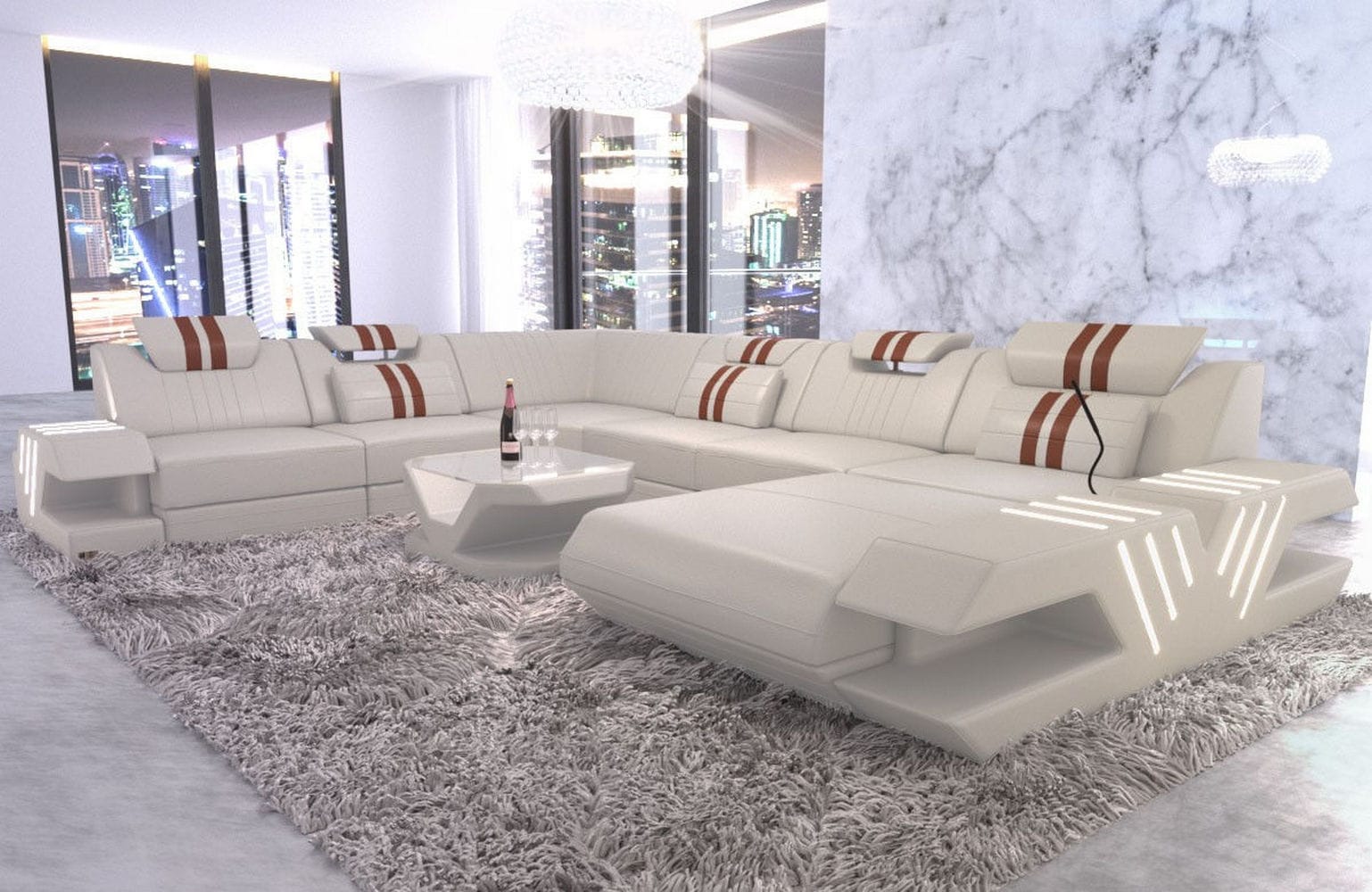 Mega Wohnlandschaft Venedig XXL – Leder Sofa beige-hellbraun