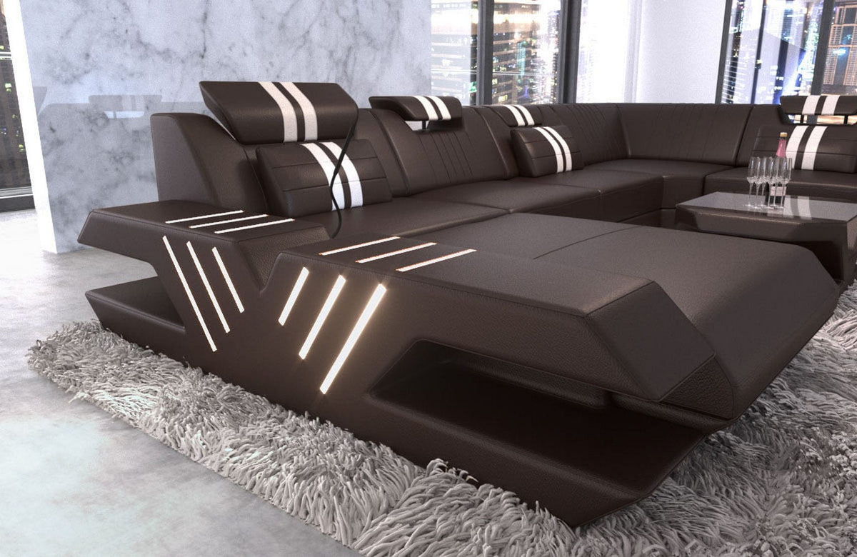 XXL Wohnlandschaft Mega Venedig U-Form aus Leder dunkelbraun-weiß