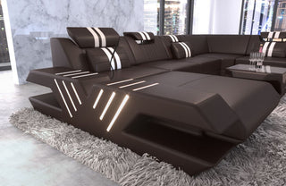 XXL Wohnlandschaft Mega Venedig U-Form aus Leder dunkelbraun-weiß