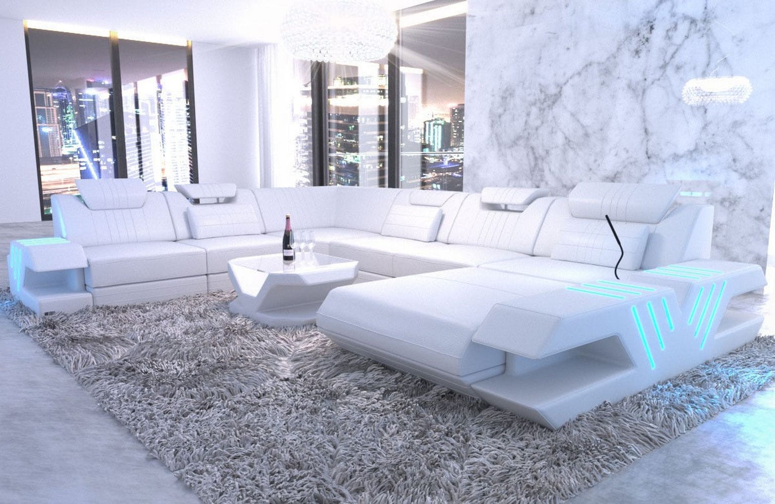 Wohnlandschaft Mega Venedig XXL Leder mit LED Beleuchtung weiß