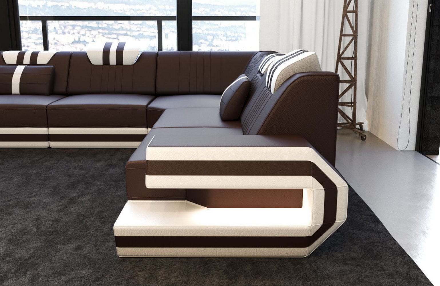 Leder Ecksofa Ragusa Edles L Form mit LED Beleuchtung dunkelbraun-weiß