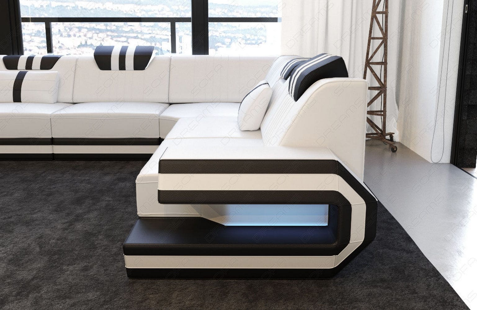 Leder Ecksofa Ragusa Edles L Form mit LED Beleuchtung weiß-schwarz