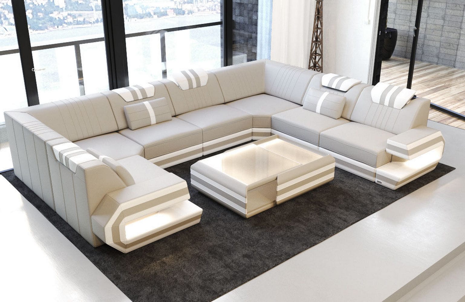 Designsofa Ragusa aus Leder beige-weiß