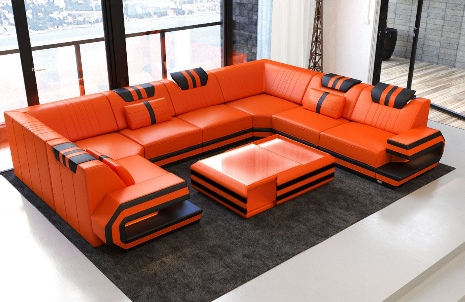Leder Wohnlandschaft Ragusa – Komfort & Stil orange-schwarz