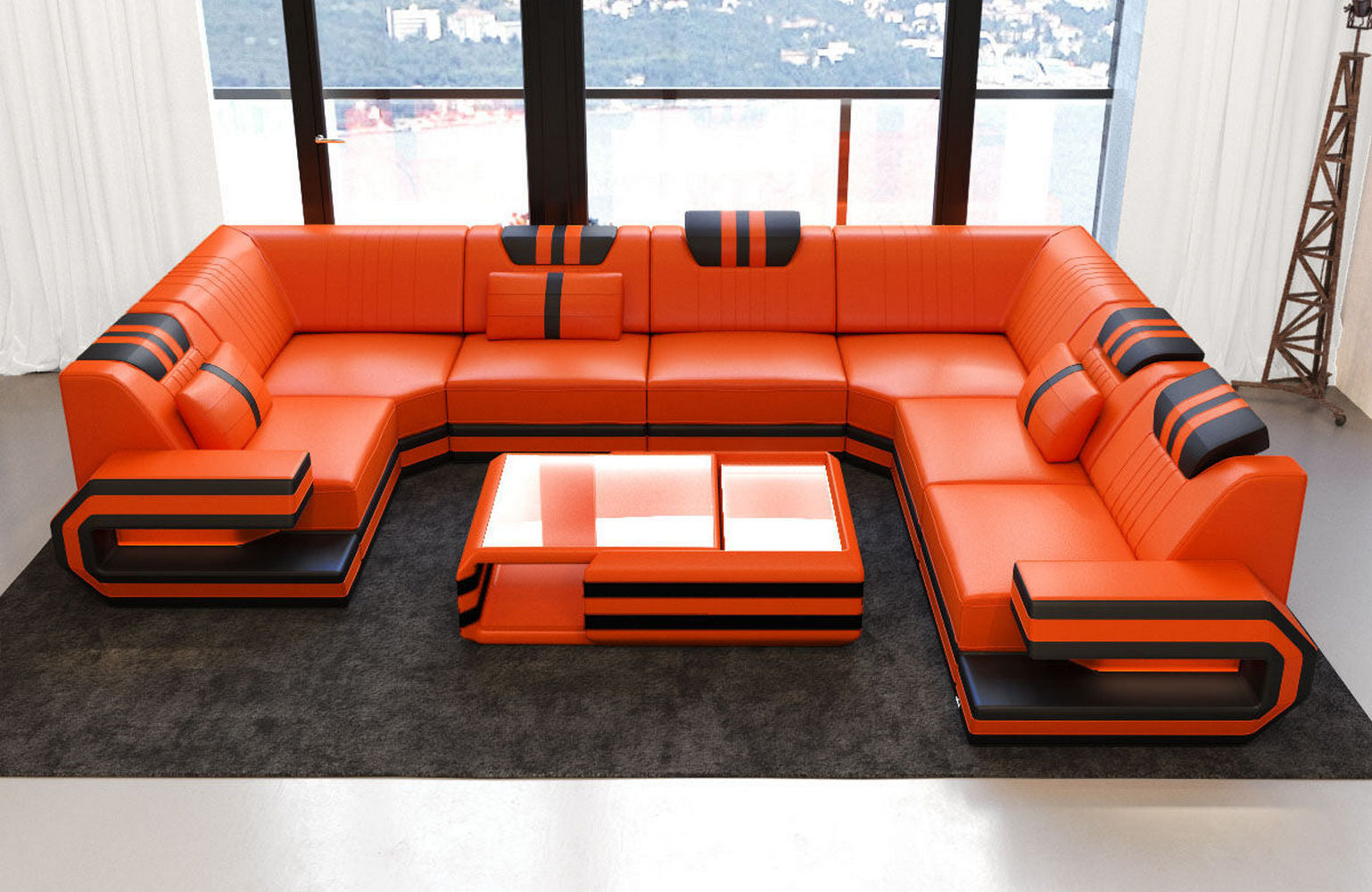 Leder Wohnlandschaft Ragusa – Komfort & Stil orange-schwarz
