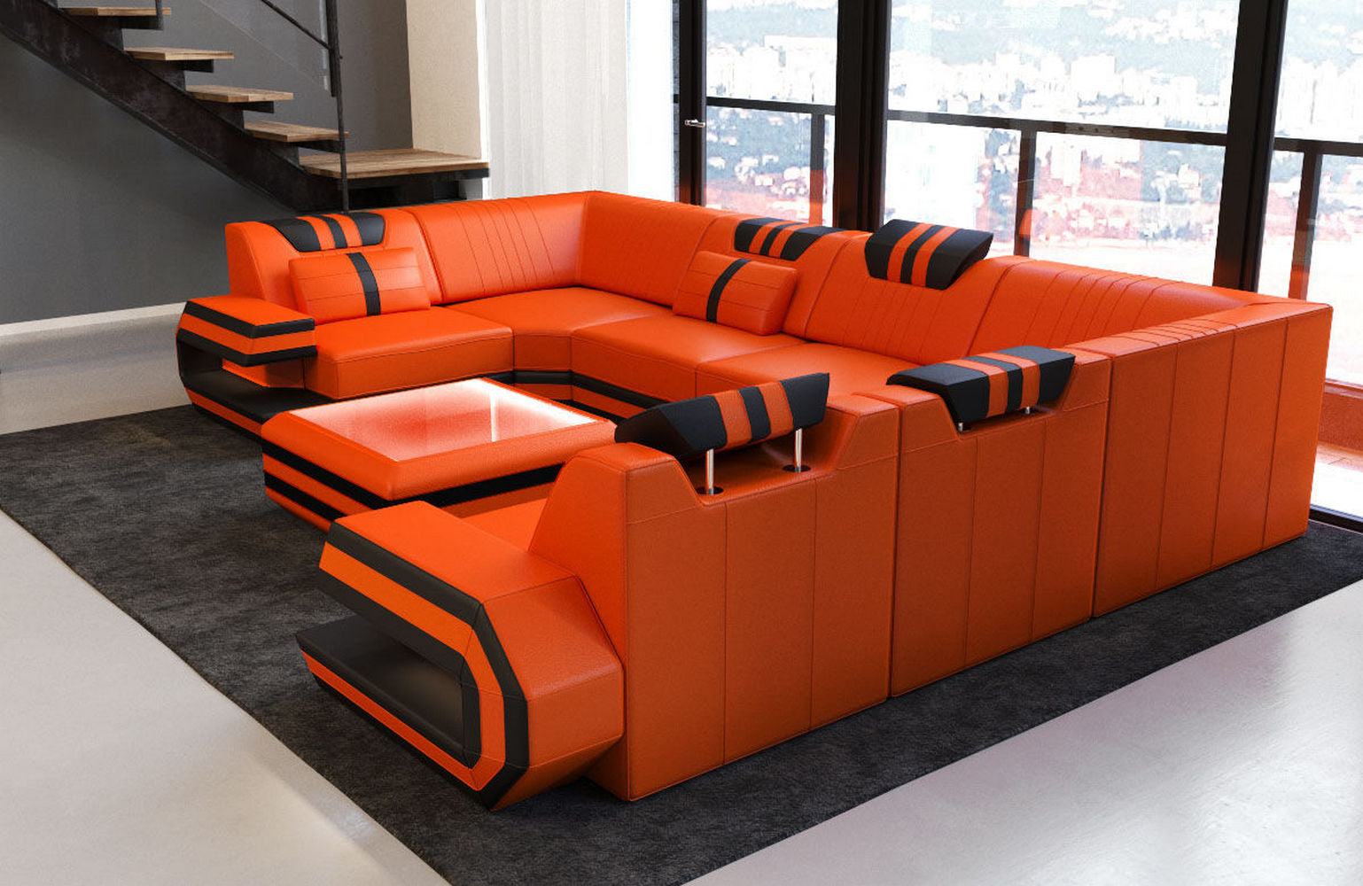 Leder Wohnlandschaft Ragusa – Komfort & Stil orange-schwarz