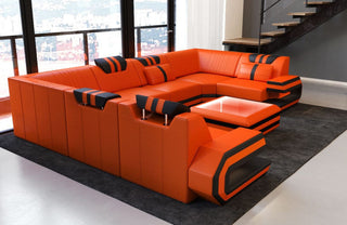 Designsofa Ragusa U-Form aus Leder orange-schwarz