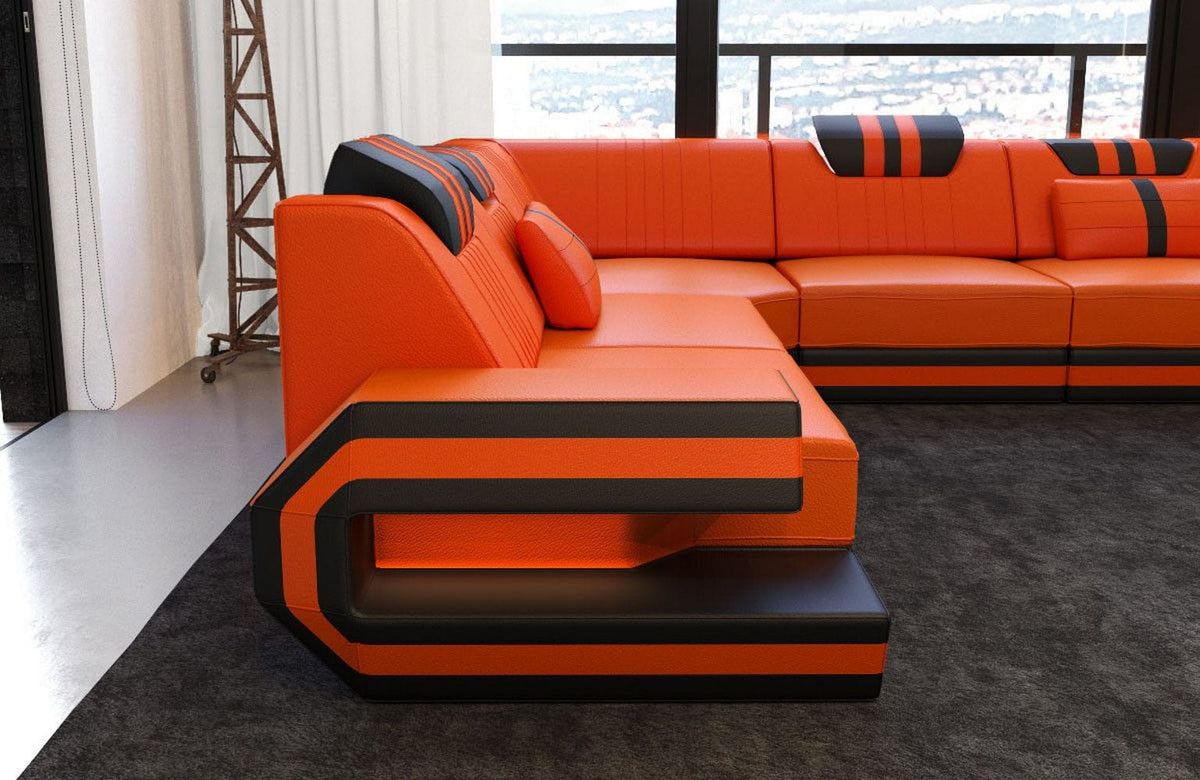 Designsofa Ragusa U-Form aus Leder orange-schwarz