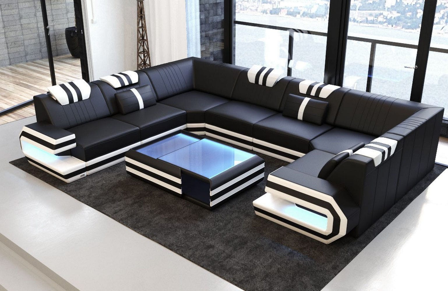 Designsofa Ragusa U-Form aus Leder schwarz-weiß