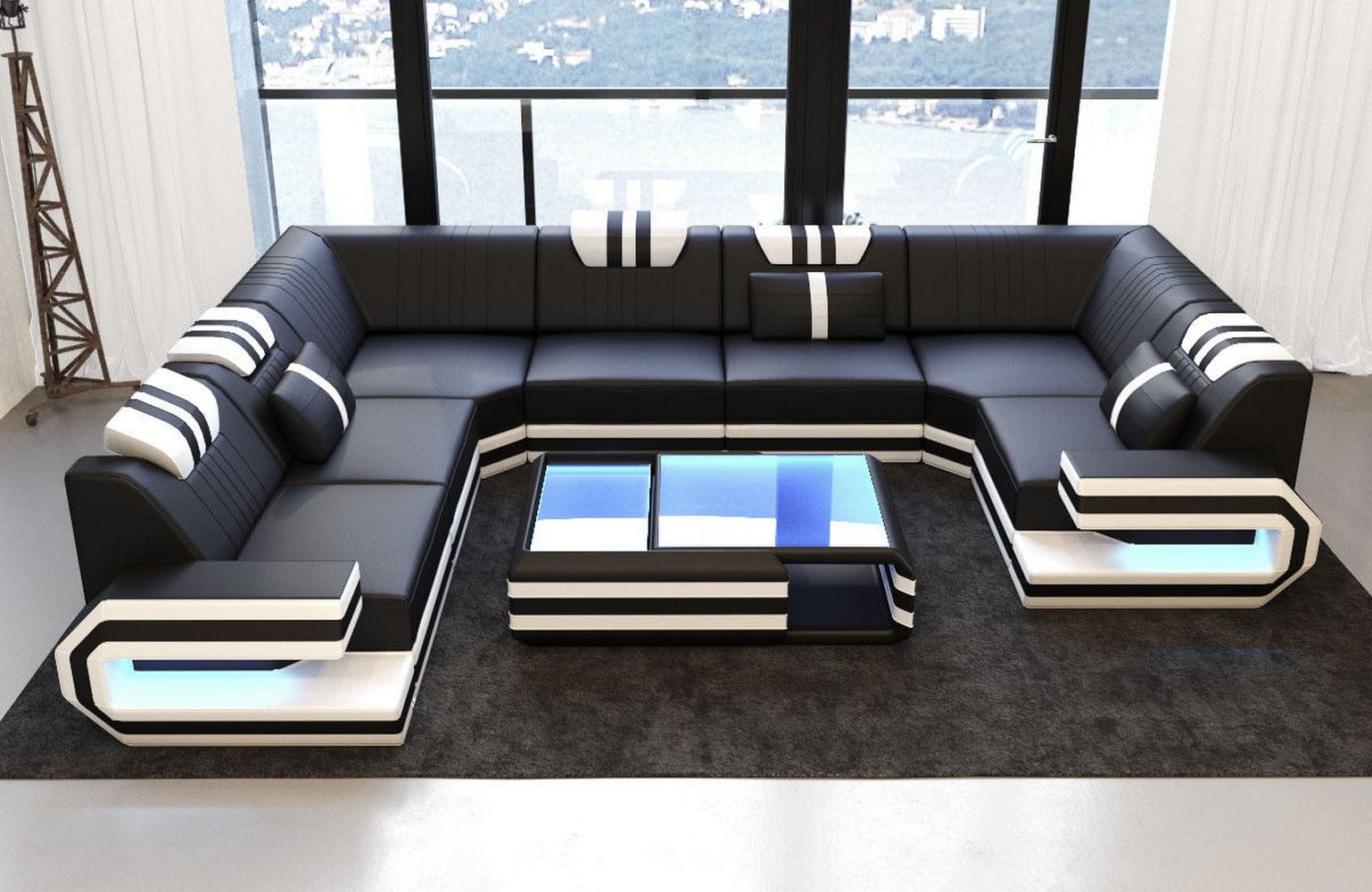 Designsofa Ragusa U-Form aus Leder schwarz-weiß