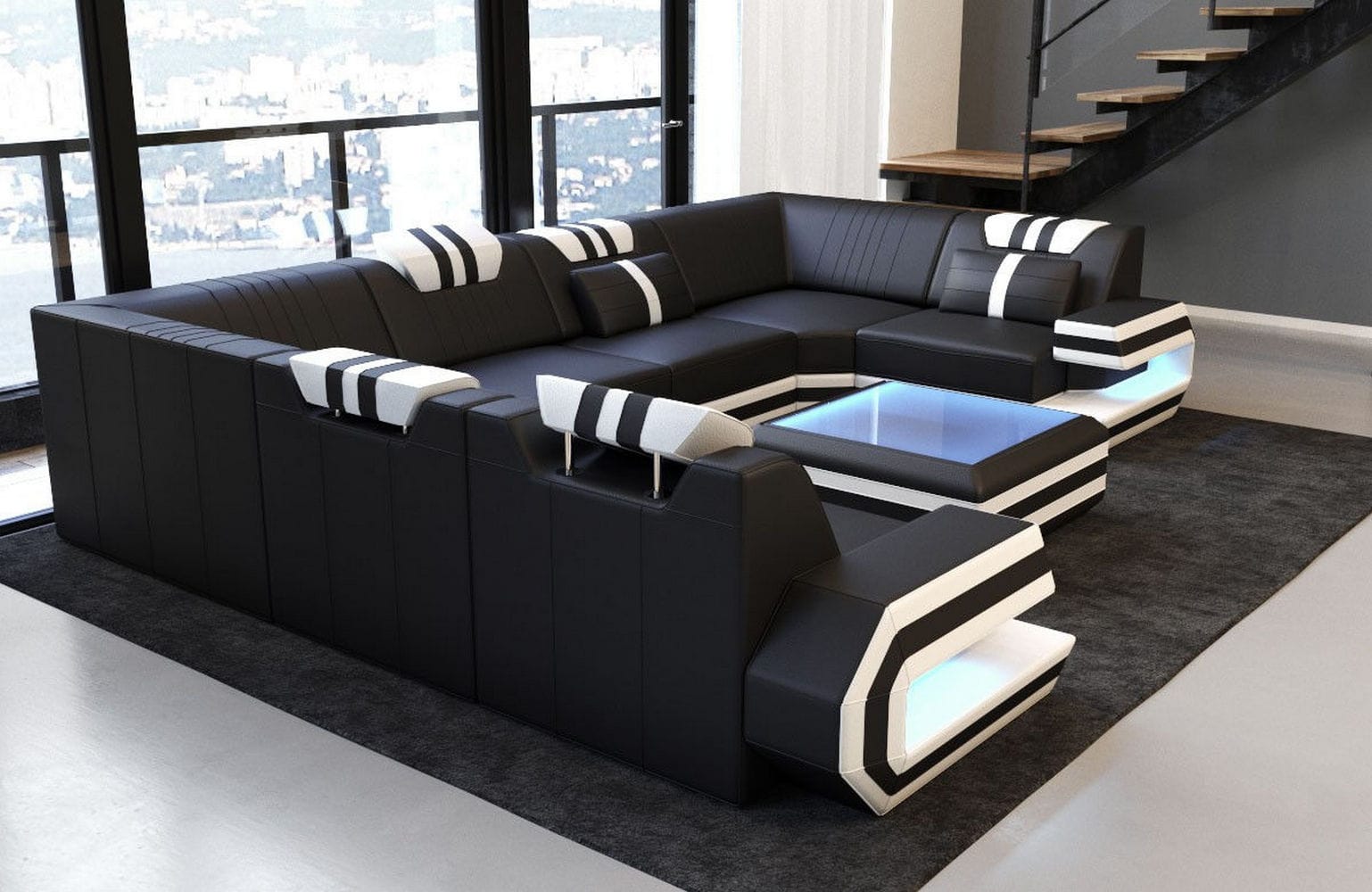 Designsofa Ragusa U-Form aus Leder schwarz-weiß
