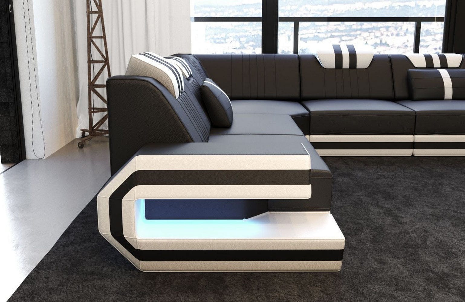 Designsofa Ragusa U-Form aus Leder schwarz-weiß