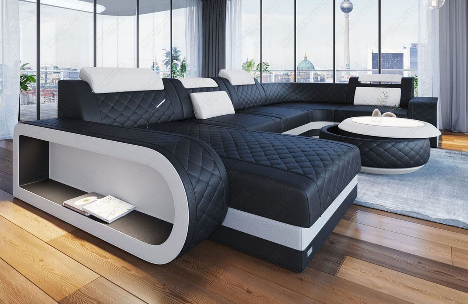 Mini Leder Wohnlandschaft Berlin U-Form Schwarz-Weiß