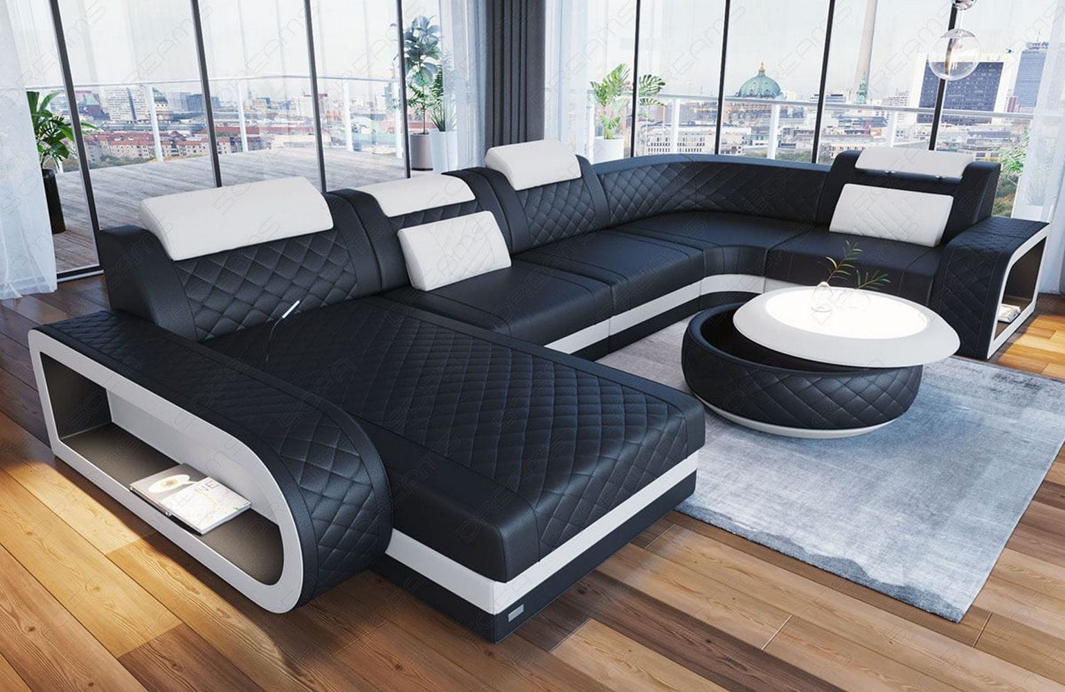 Mini Leder Wohnlandschaft Berlin U-Form Schwarz-Weiß