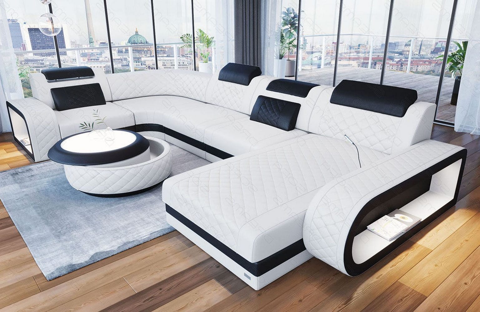 Mini Leder Wohnlandschaft Berlin U-Form Weiß-Schwarz
