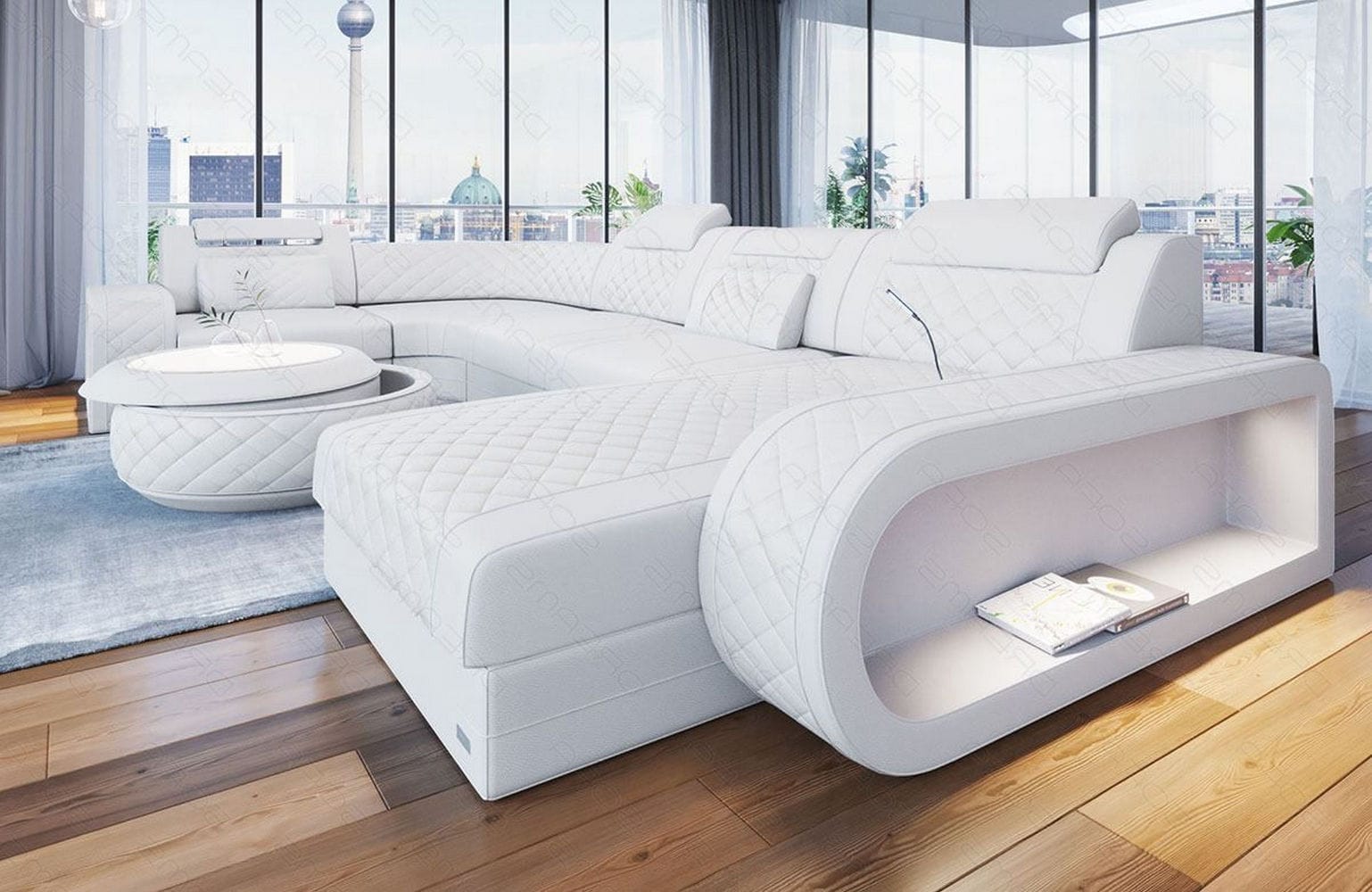 Mini Leder Wohnlandschaft Berlin U-Form Weiß