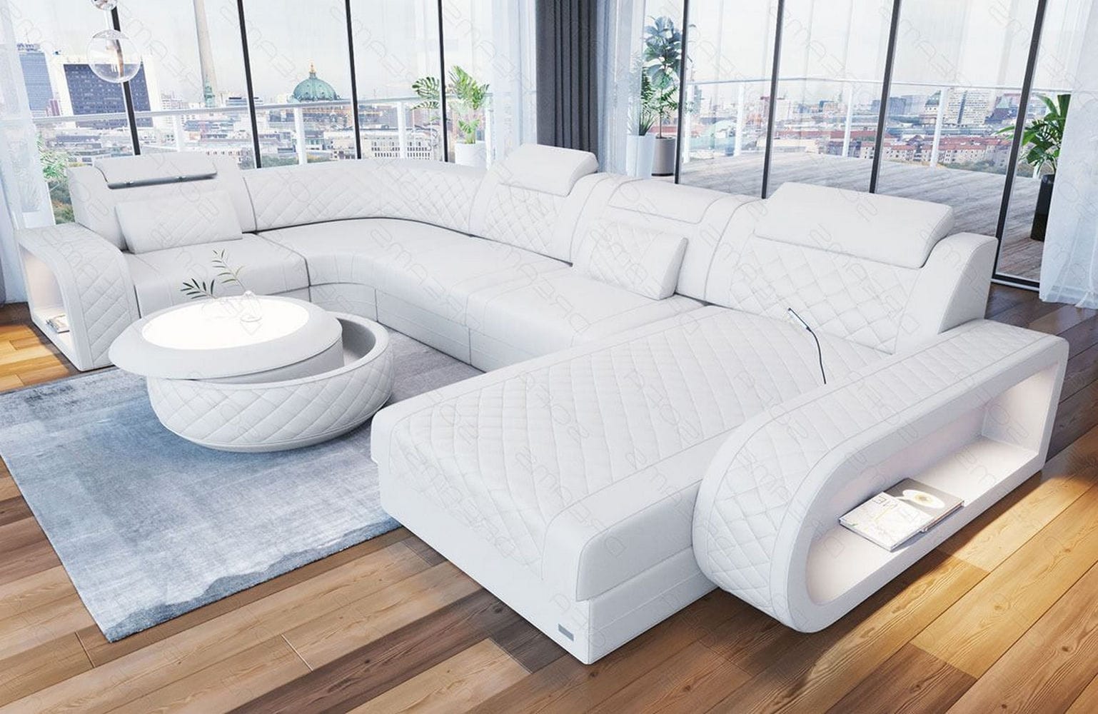 Mini Leder Wohnlandschaft Berlin U-Form Weiß