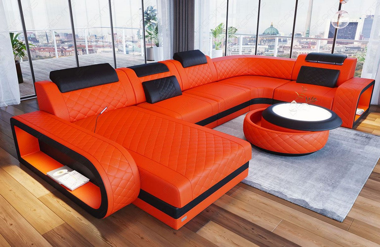 Mini Leder Wohnlandschaft Berlin U-Form Orange-Schwarz