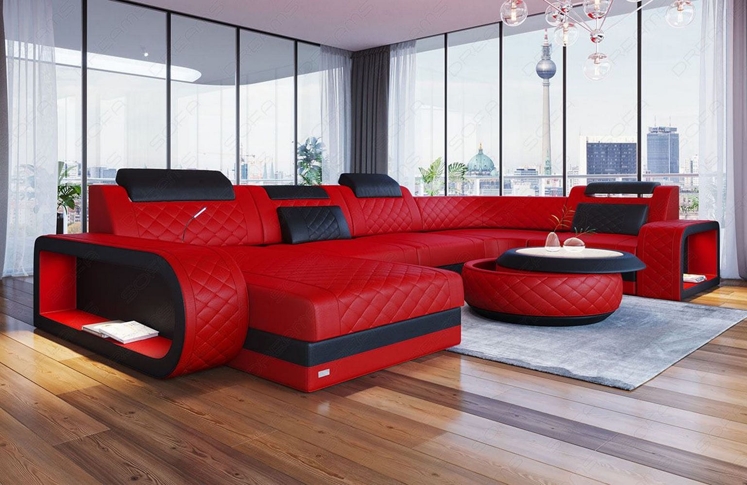 Mini Leder Wohnlandschaft Berlin U-Form Rot-Schwarz