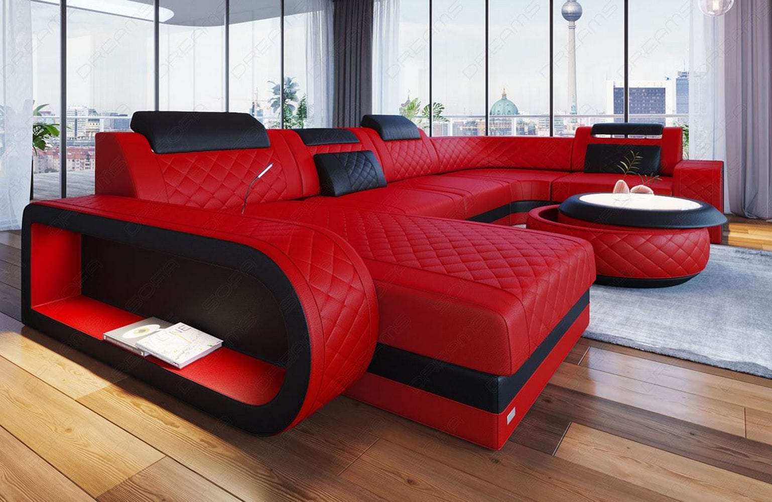 Mini Leder Wohnlandschaft Berlin U-Form Rot-Schwarz