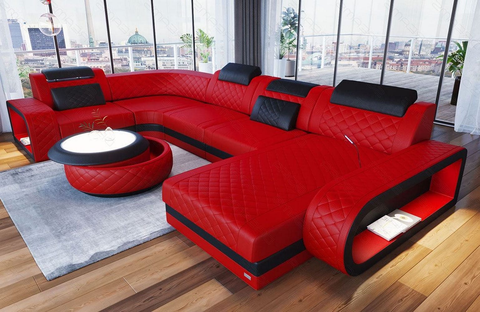 Mini Leder Wohnlandschaft Berlin U-Form Rot-Schwarz