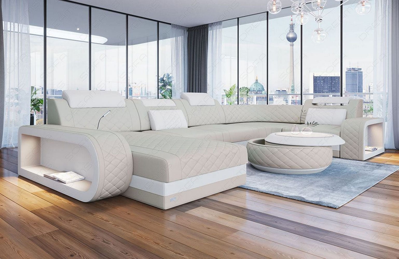 Mini Leder Wohnlandschaft Berlin U-Form Beige-Weiß