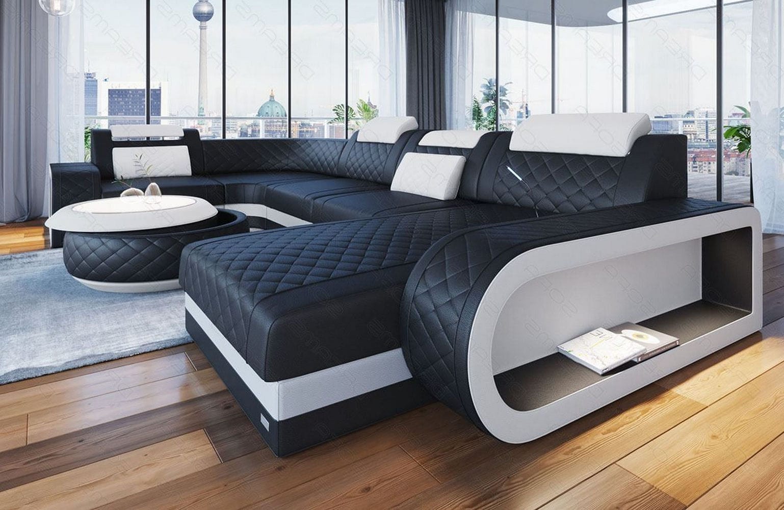 Mini Leder Wohnlandschaft Berlin U-Form Schwarz-Weiß