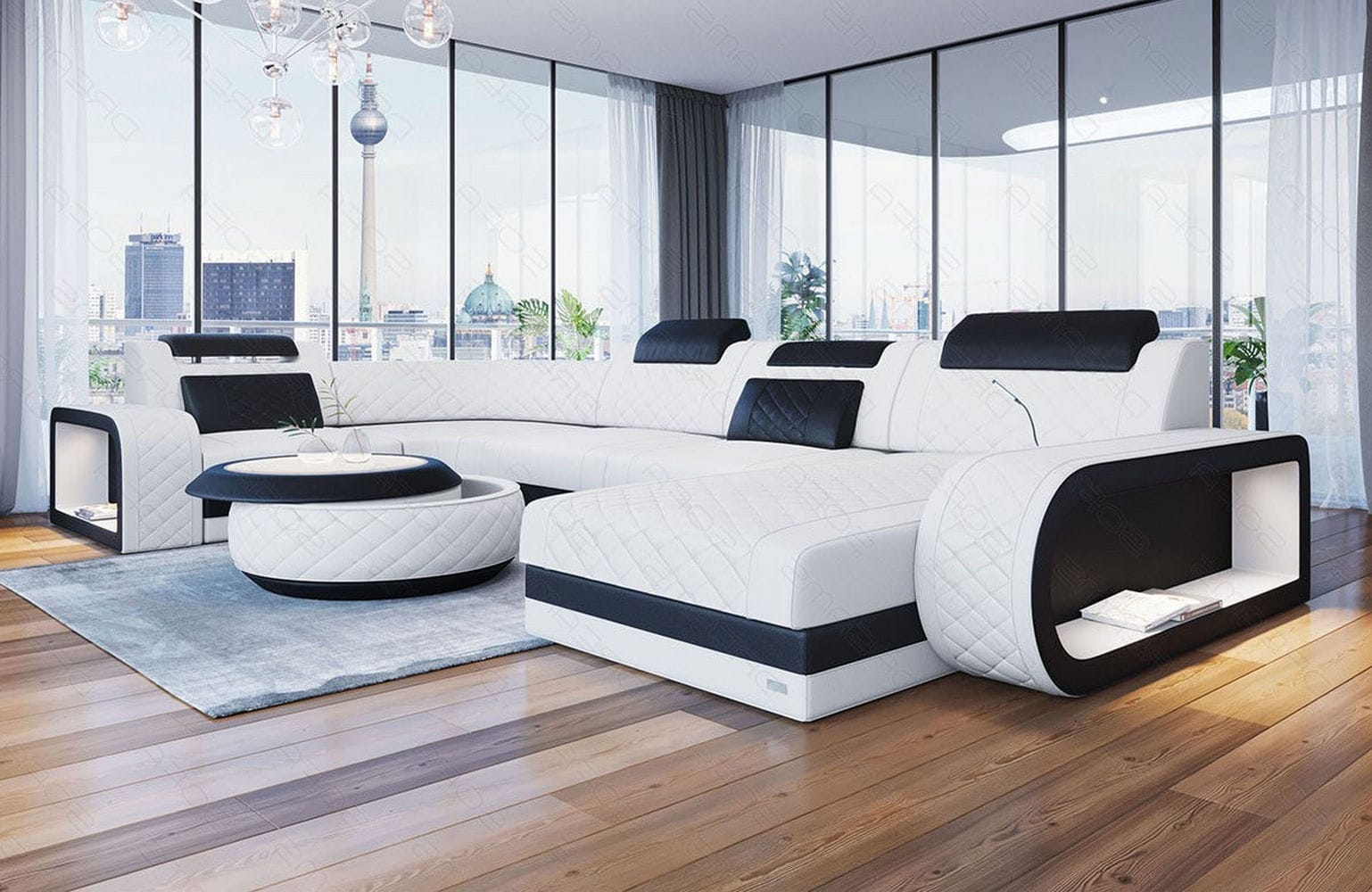 Mini Leder Wohnlandschaft Berlin U-Form Weiß-Schwarz
