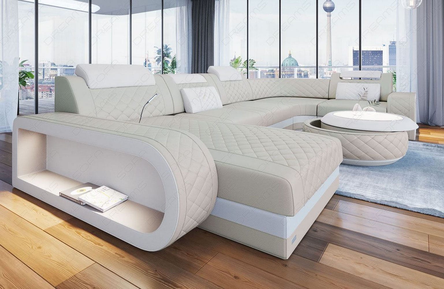 Mini Leder Wohnlandschaft Berlin U-Form Beige-Weiß