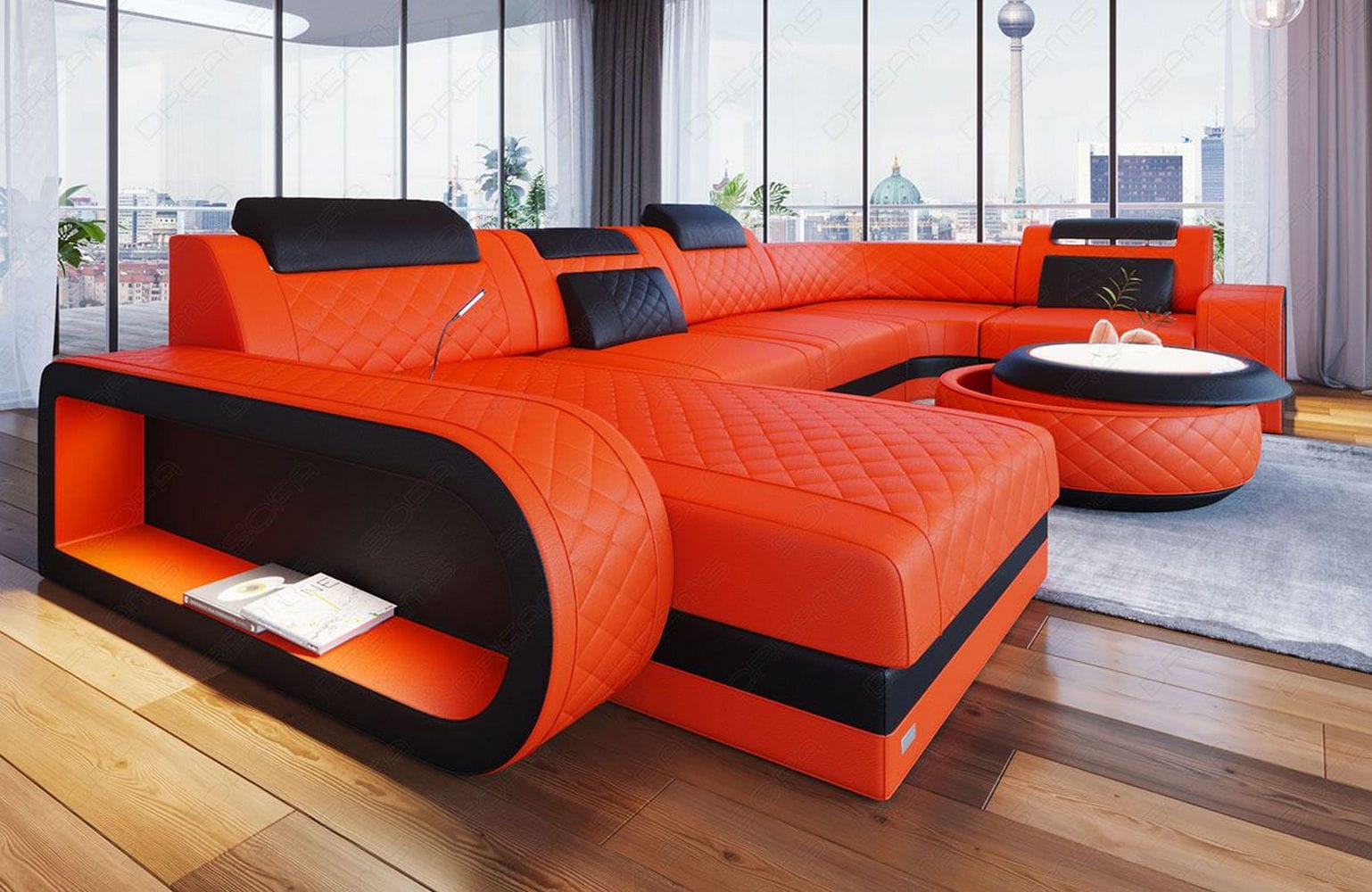 Mini Leder Wohnlandschaft Berlin U-Form Orange-Schwarz