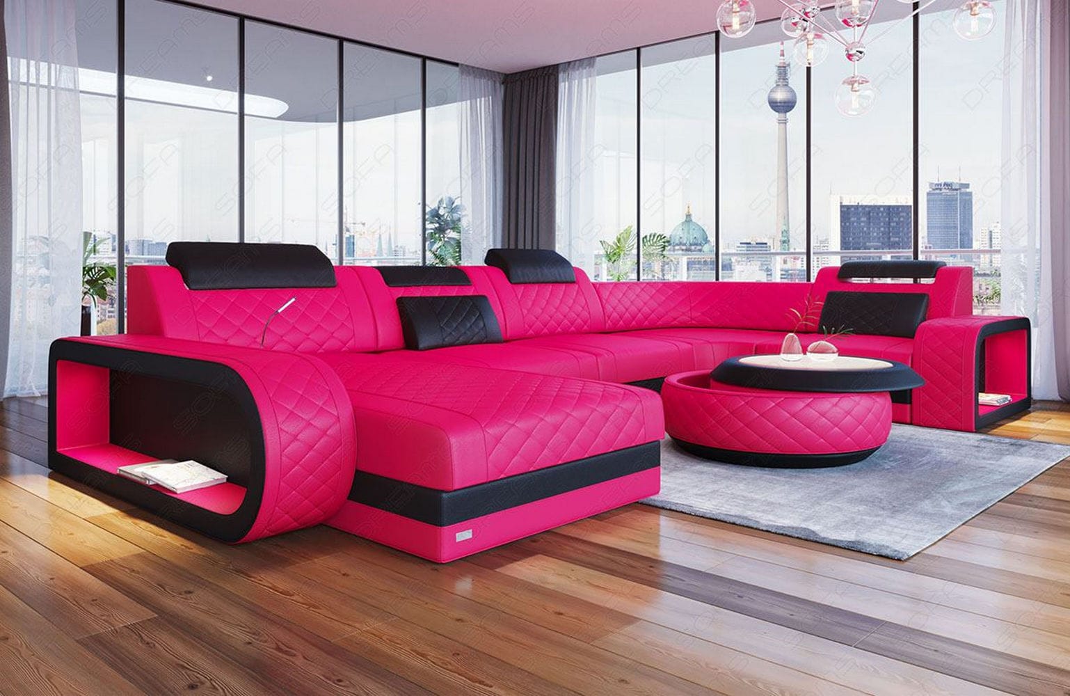 Mini Leder Wohnlandschaft Berlin U-Form Pink-Schwarz