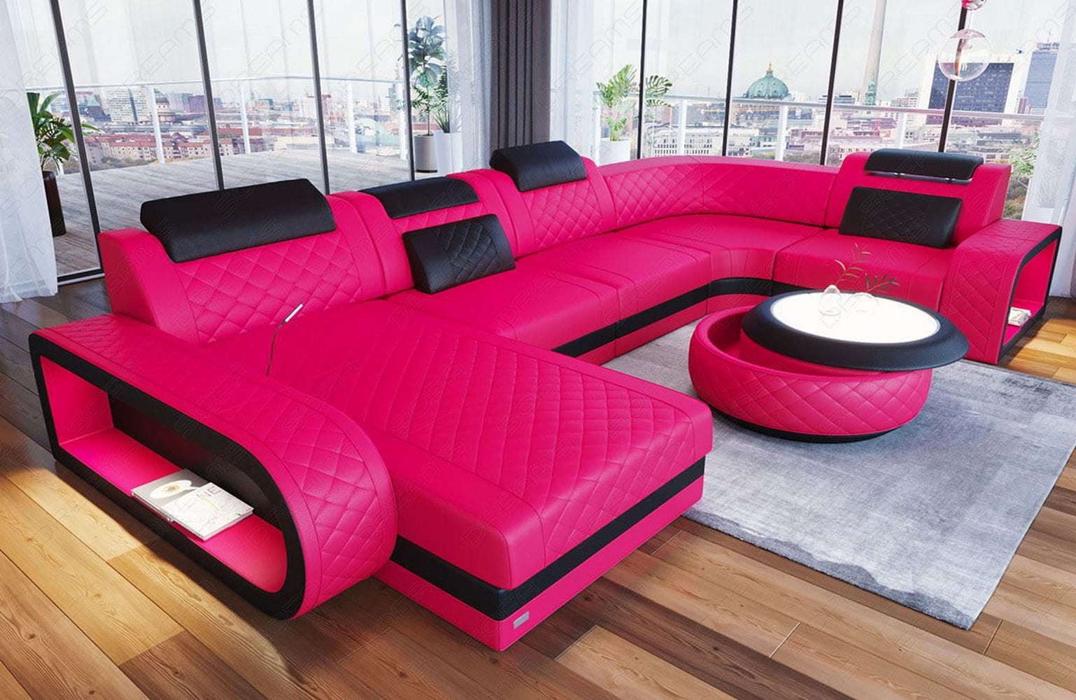 Mini Leder Wohnlandschaft Berlin U-Form Pink-Schwarz