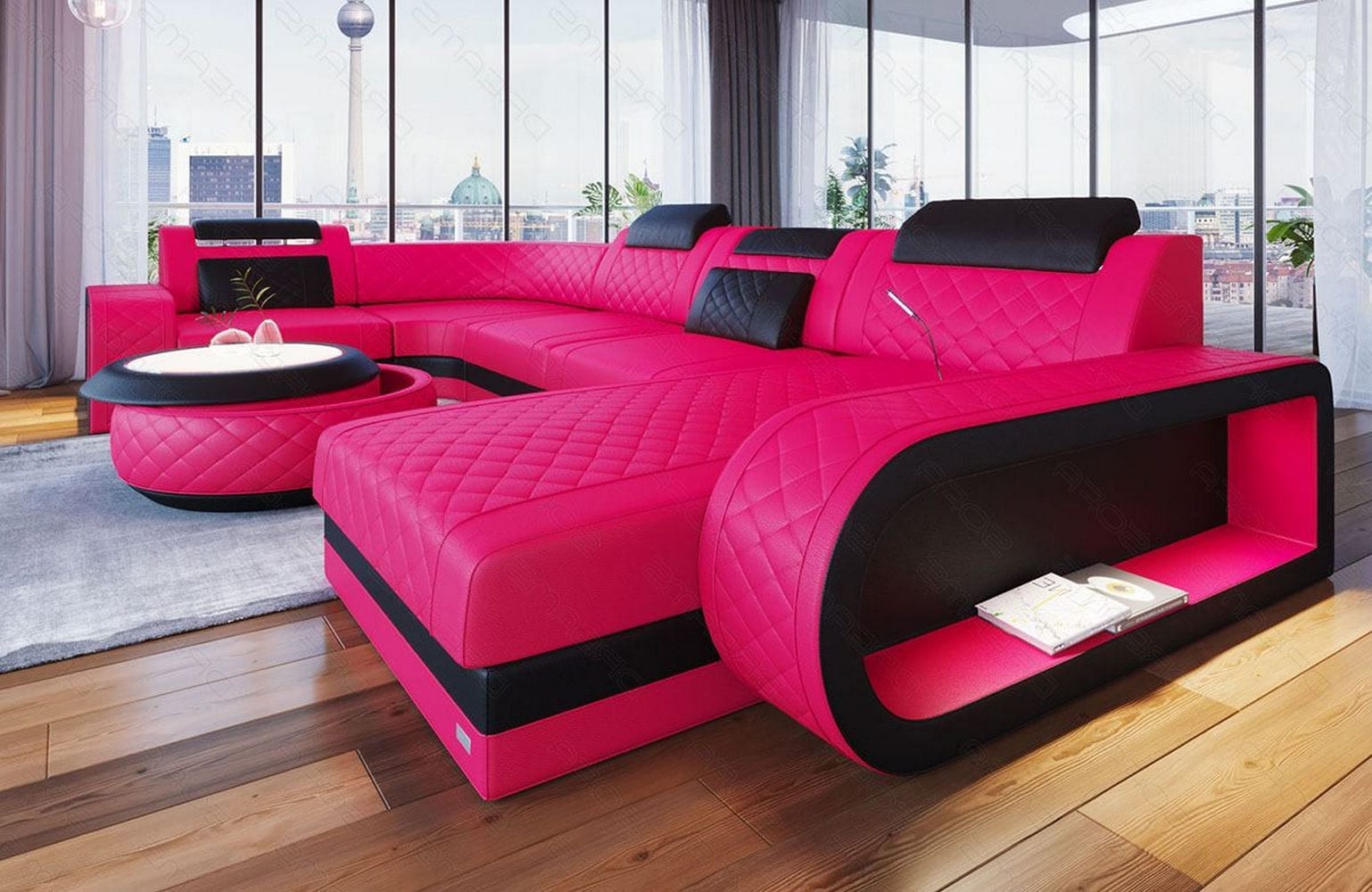 Mini Leder Wohnlandschaft Berlin U-Form Pink-Schwarz
