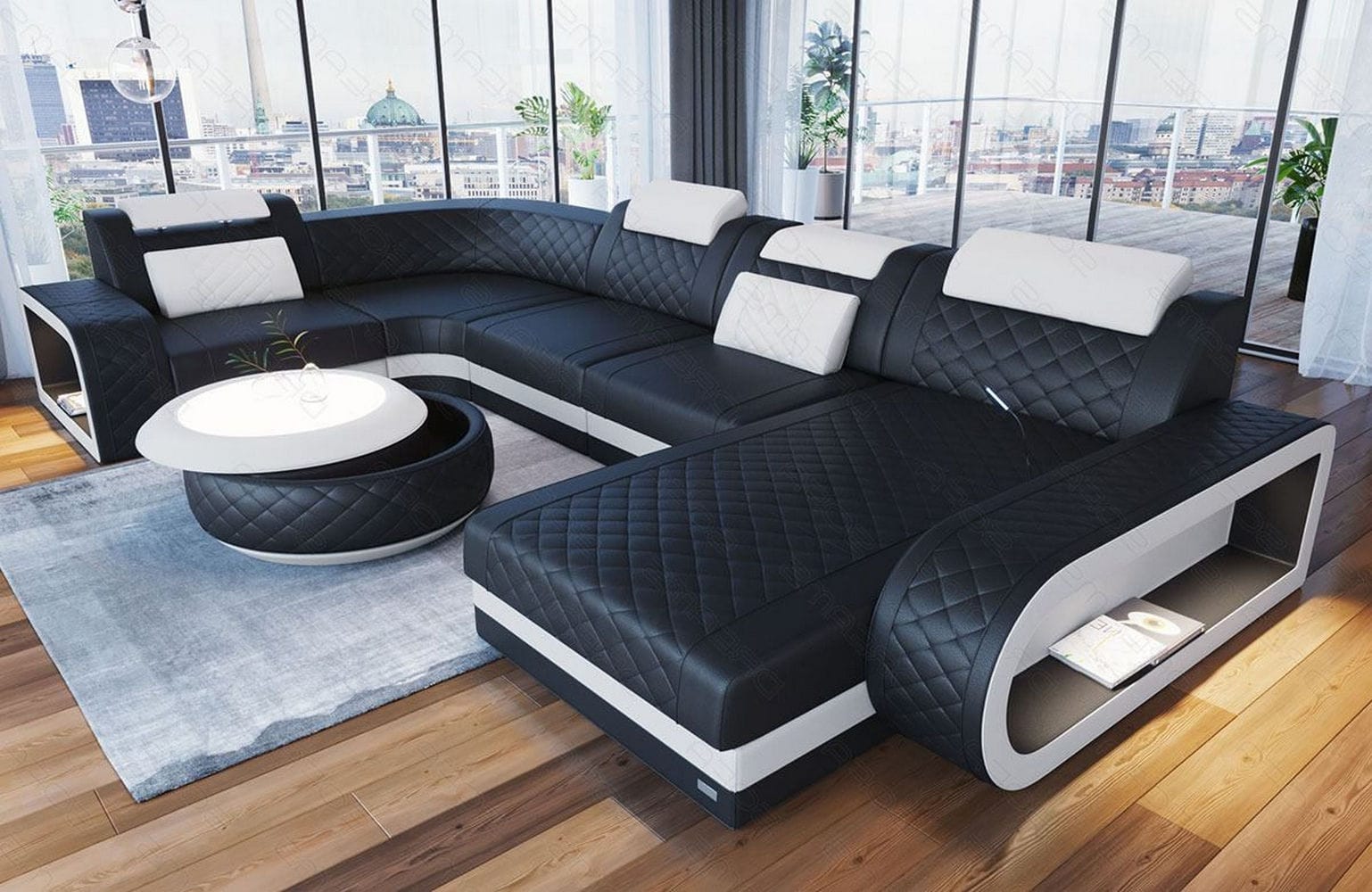 Leder Wohnlandschaft Berlin U-Form – Stil & Komfort schwarz-weiß