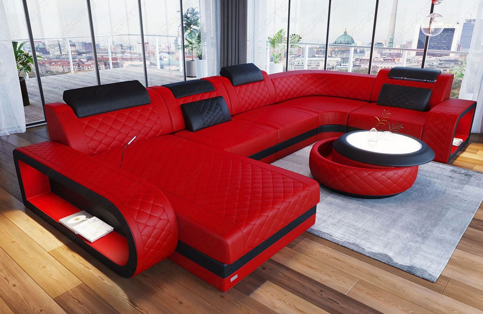 Leder Wohnlandschaft Berlin U-Form – Stil & Komfort rot-schwarz