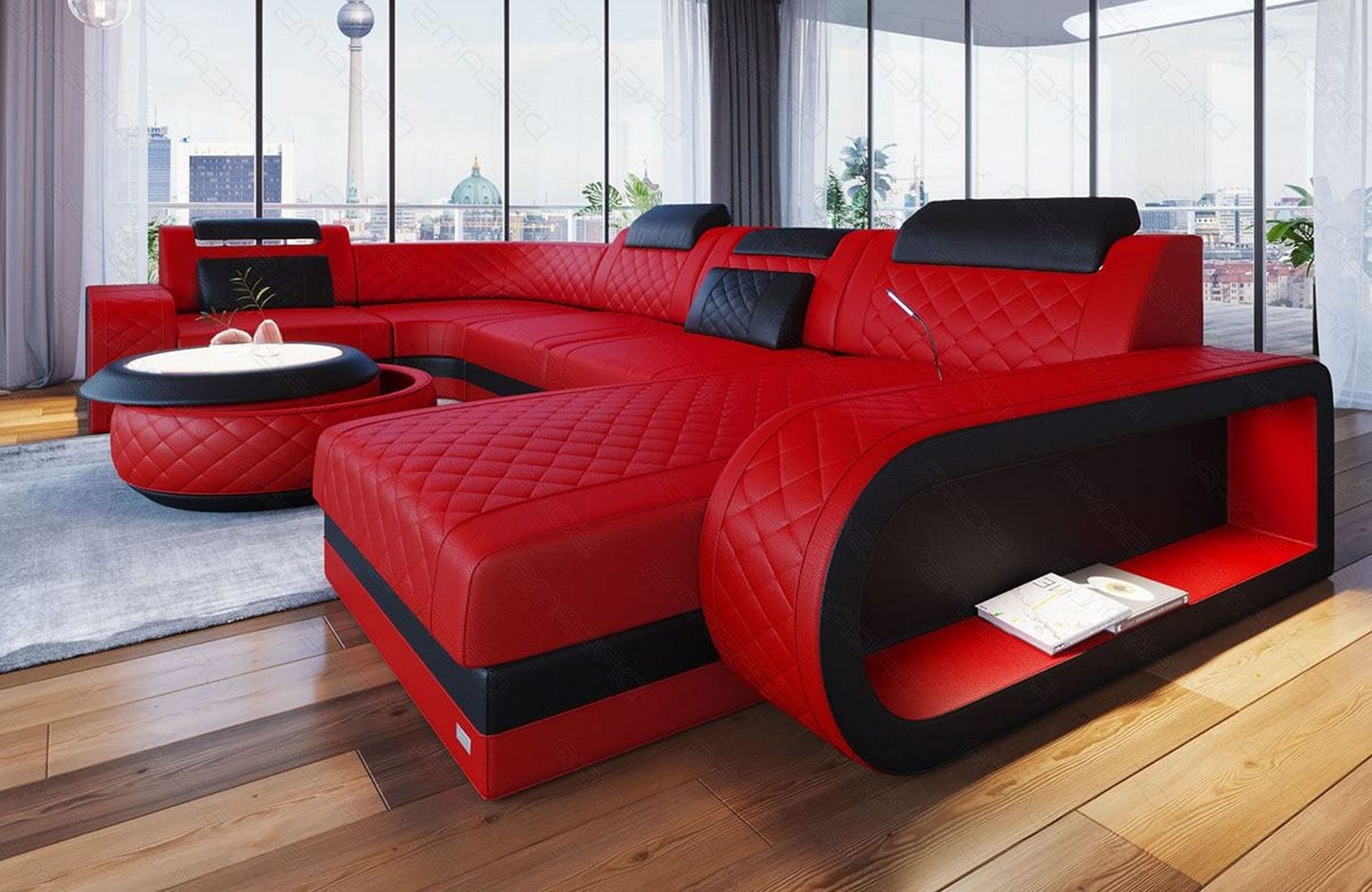 Leder Wohnlandschaft Berlin U-Form – Stil & Komfort rot-schwarz