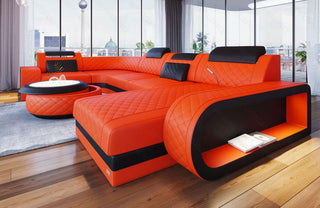 Wohnlandschaft Berlin U-Form aus Leder orange-schwarz