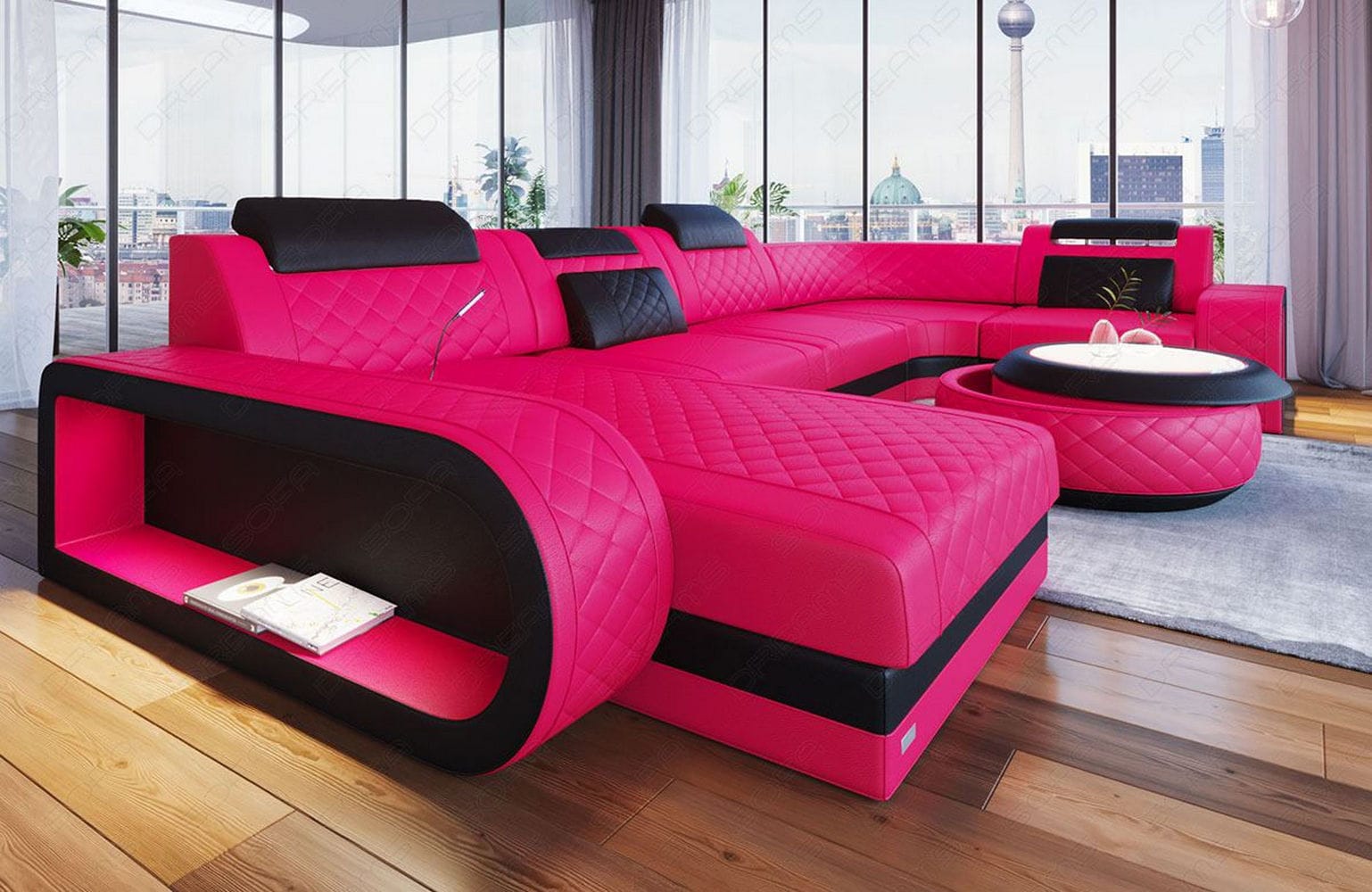 Leder Wohnlandschaft Berlin U-Form – Stil & Komfort pink-schwarz
