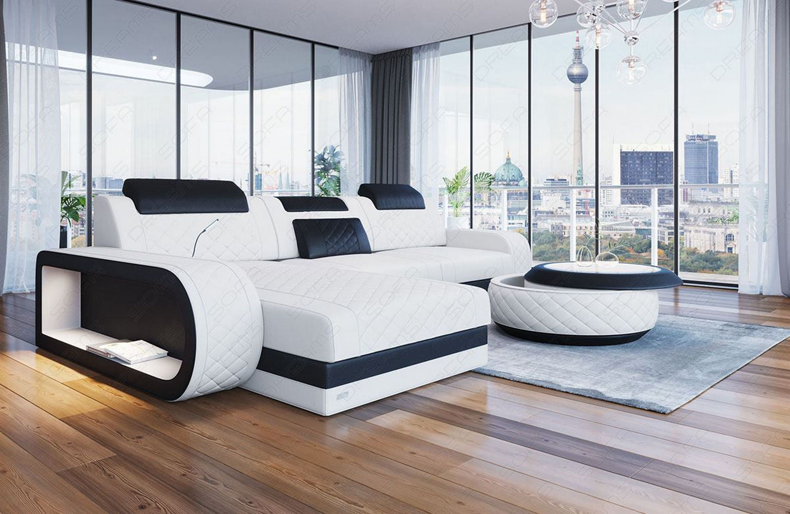 Mini Ecksofa Berlin L-Form Mini Ledersofa Weiß-Schwarz