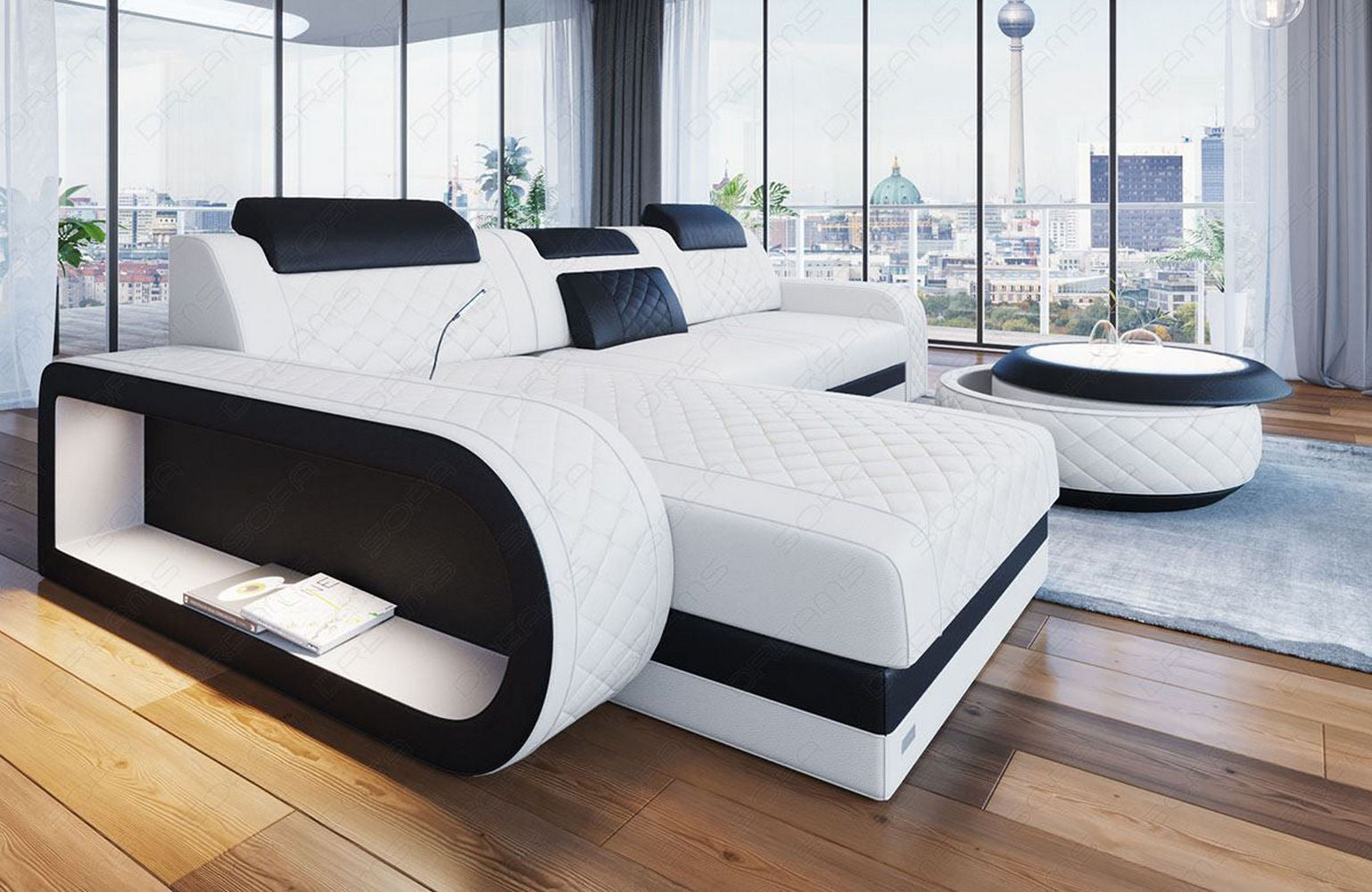 Mini Ecksofa Berlin L-Form Mini Ledersofa Weiß-Schwarz