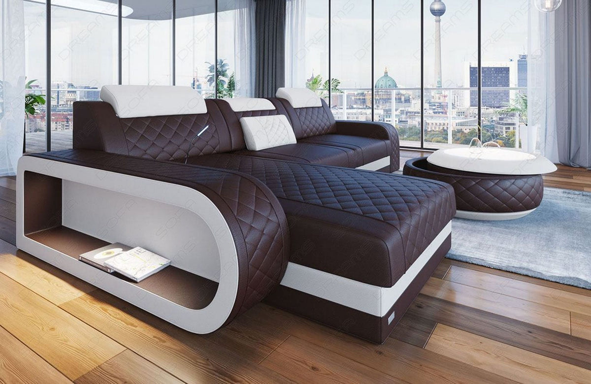 Mini Ecksofa Berlin L-Form in Leder Dunkelbraun-Weiß