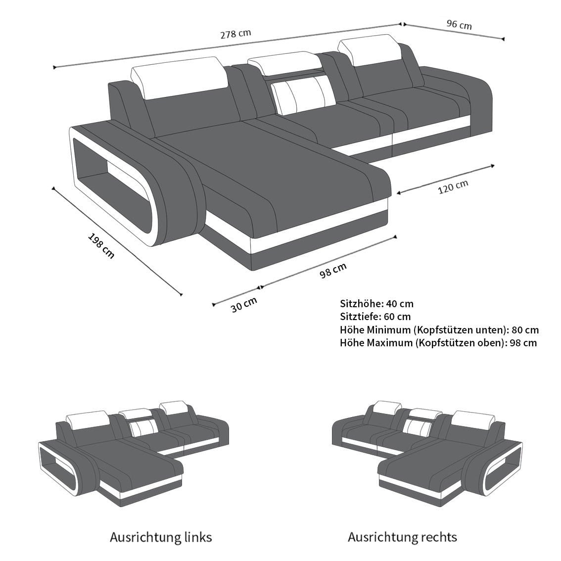 Mini Ecksofa Berlin L-Form in Leder Dunkelbraun-Weiß