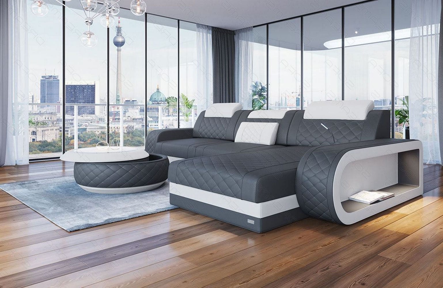Ecksofa Berlin – Ledersofa für Ihr Zuhause grau-weiß