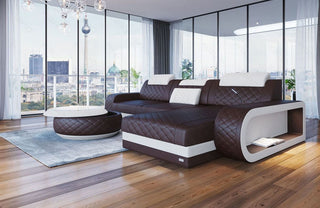 Ecksofa Berlin L-Form in Leder dunkelbraun-weiß